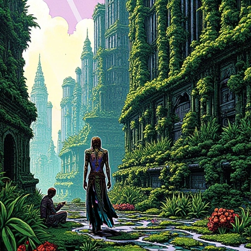 Mood: Transcendent cyber-gothic dawn. Scene: Mei emerges from Mò Kū tunnels into reborn Chongqing. Shānchuān Nǎo's fractal forests have fused with skyscrapers—bamboo-steel trunks crowned with crystalline canopy. Ghostfire (Yínghuǒ Liú) flows upward like neon rivers through leaves. Bioluminescent fungi blanket streets, pulsing Léiyīn Jìng lullabies. Xiao Rong kneels nearby, her carbon-fiber robes blooming into chrysanthemums, eyes wide with awe.  

**MEI'S DETAILS**:  
- **Attire**: Patched qipao now threaded with glowing mycelium. Bare forearms display Xuè Mò tattoo softly pulsing **"山河不死"**.  
- **Physique**: Weary but upright; blood-crusted knuckles grip bone needle.  
- **Companion**: Daughter's ghostfire solidified into child-shaped nebula holding her hand.  

**ENVIRONMENT**:  
- **Ground**: Ferrocrete replaced by peat moss studded with Wúgǔ Fěn crystals.  
- **Sky**: Smog cleared; inverted rain glitters prismatic as it ascends to nourish floating river-serpents.  
- **Ruins**: Bone mill transformed into terraced gardens where cherry trees grow from broken grinders.  

**LIGHTING**:  
- Dawn rays fracture through crystalline foliage.  
- Palette: Jade greens, petal pinks, ghostfire blues, deep soil blacks.  
- Style: Ink-wash meets stained glass; hyper-detail on Xiao Rong's floral cybernetics and Mei's blood-ink glow.  

**COMPOSITION**: Low angle. Mei centered, small against colossal bio-towers. Daughter's ghostfire casts protective halo. Xiao Rong in foreground, half-submerged in peat. Upward rain streaks frame scene.