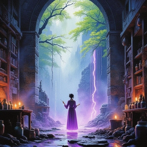 : Meilin’s studio – cluttered with jars of bone-ash and salvaged tech. Walls shimmer with half-formed holograms: a stone archway dissolving into carp-filled ponds. Center frame: Meilin stands before a floating quantum-canvas. Her brush bleeds violet lightning into a weeping willow made of tears. Above her, the jade pendant glows with frost-green light, casting angular shadows. Underneath the canvas, fractal filaments of Jīnguǐ Qiàn glow like infection, trying to devour the art. The air is thick with incense and ozone. Raw, desperate, and luminous.