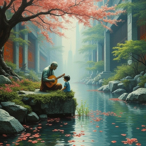 Ren’s petrified arm cradles Granny Wen’s zither at the edge of Shanghai’s Silicon Canal. Jade latticework grows over corroded servers, sprouting plum blossoms from Ash Time static. Mei kneels beside Jia Lin, tattooing the child Li Na’s unfiltered memory onto a floating petal. In the water below, the Great Web’s core pulses—a soft, grieving light shaped like a human heart. Dr. Petrova’s equations glow in the pollen-fall.