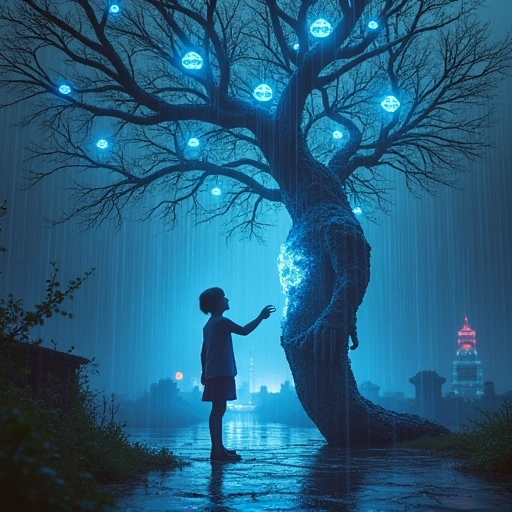 A man's body half-petrified into a crystalline tree, vines bursting from his spine bearing glowing data-pods. Rain ignites blue flames on his stone skin, projecting ghostly images of old Shanghai onto wet streets. A pre-teen girl places a dewdrop on his forehead as elders weave petrified branches into an archway. Bioluminescent tea houses materialize in the background.